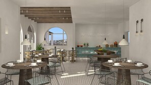A modern dining area with round tables, chairs, and a view through a large arched window. - Vigla Hotel (Amorgos)