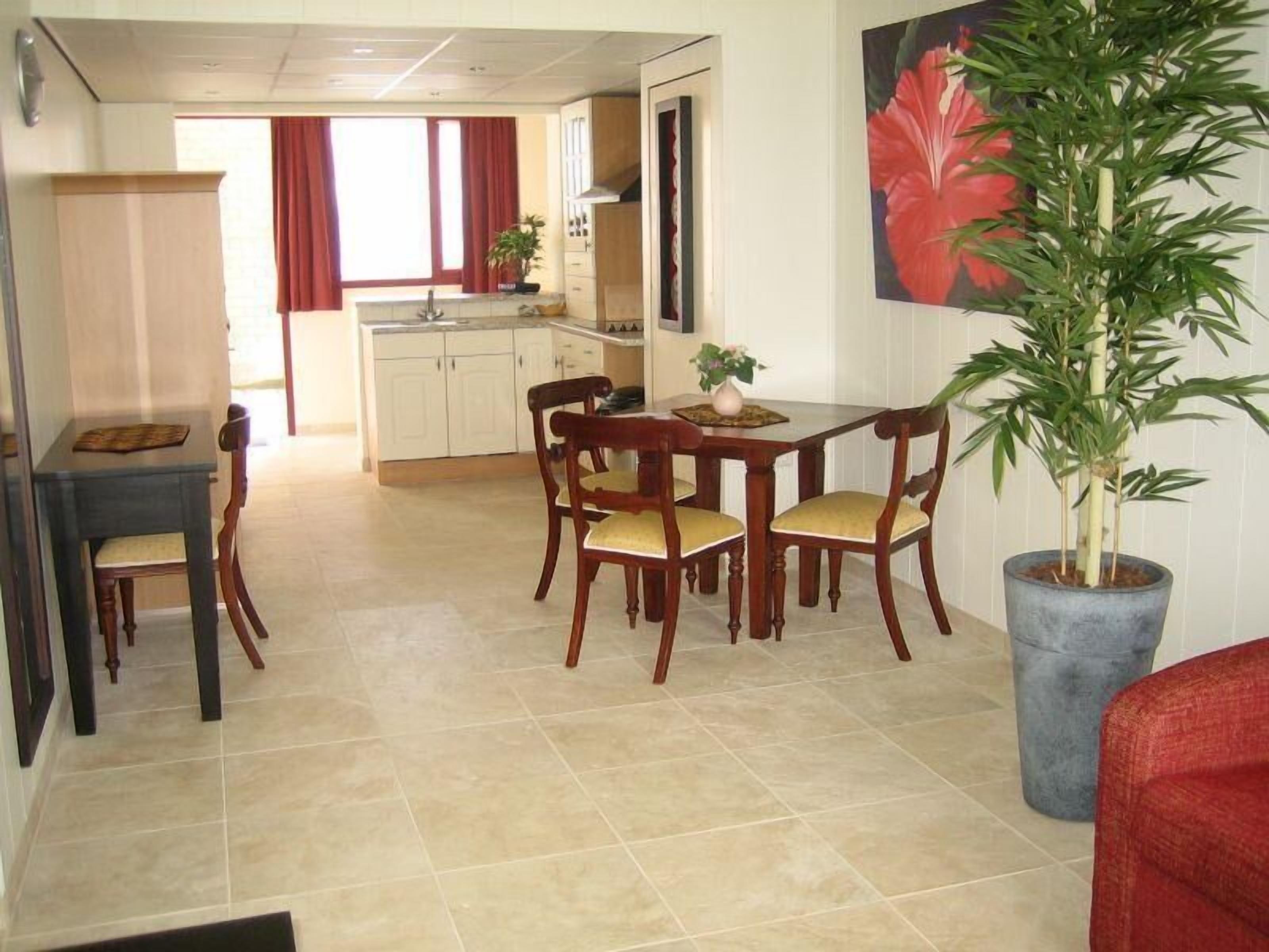 Un coin repas avec une table et des chaises en bois, une plante en pot et une cuisine en arrière-plan.