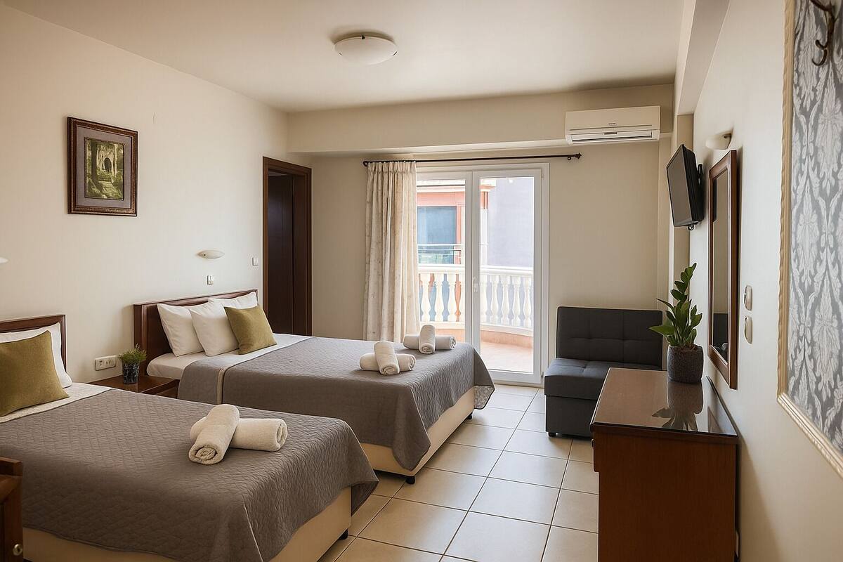 Ein Hotelzimmer mit zwei Betten, einem kleinen Schreibtisch, einem Sessel, einem Fernseher und einem Balkon mit Blick.