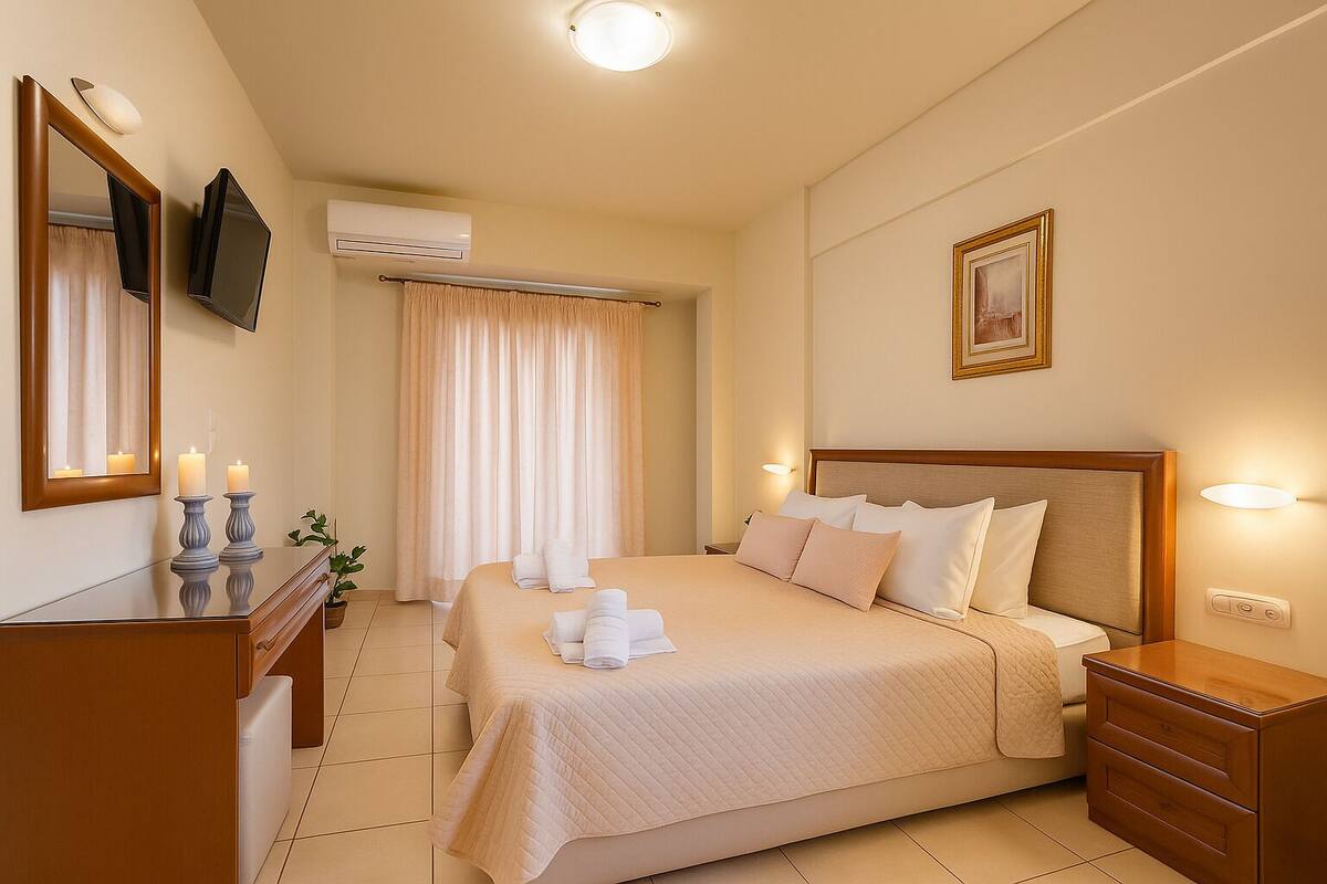 Ein Hotelzimmer mit Bett, Nachttischen, Kommode, Spiegel, Fernseher, Klimaanlage, einem gerahmten Bild an der Wand und einem Fenster mit Vorhängen.