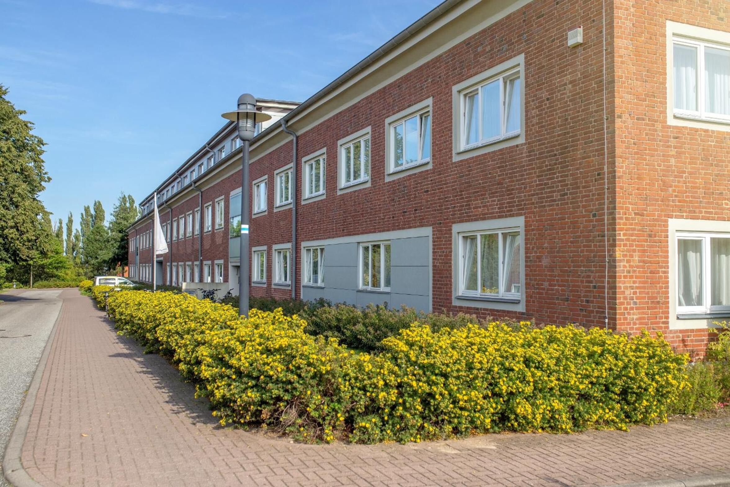 Ein mehrgeschossiges Backsteinhaus mit einer Reihe von Fenstern im Erdgeschoss, einem gepflasterten Gehweg und gelb blühenden Büschen entlang des Weges.