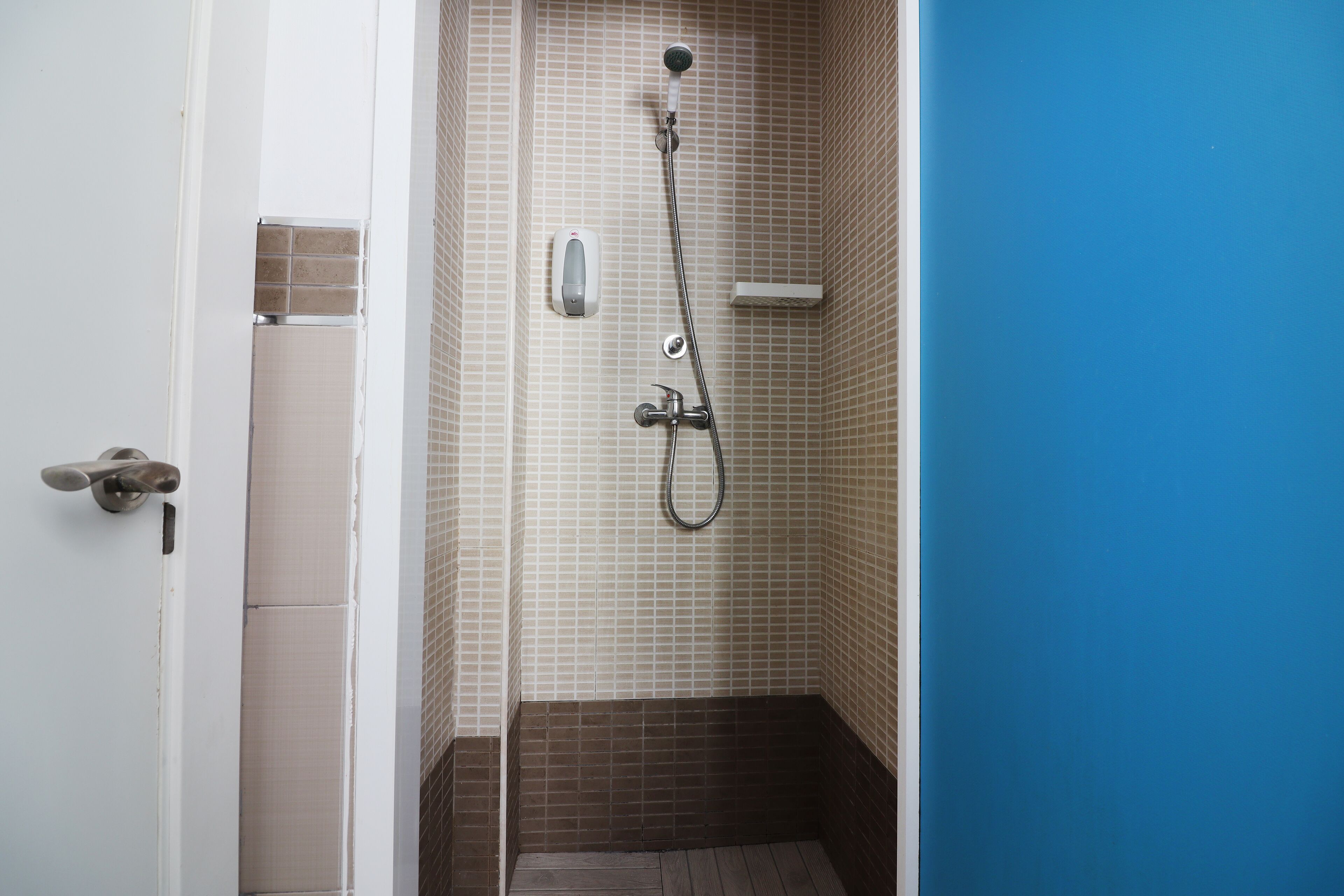 Un baño con ducha, paredes de azulejos y una puerta.