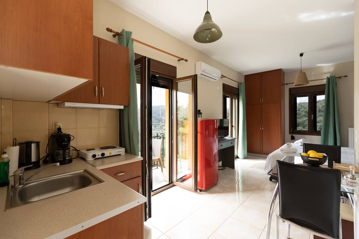 comfort studio, 1 bedroom, kitchen (2 people) | private kitchen | full-sized fridge, microwave, stovetop, dishwasher