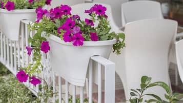 Outdoor seating with white chairs and potted plants with purple flowers.