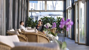 A modern indoor seating area with wicker furniture and large windows. - Formentin Terme (Abano Terme)