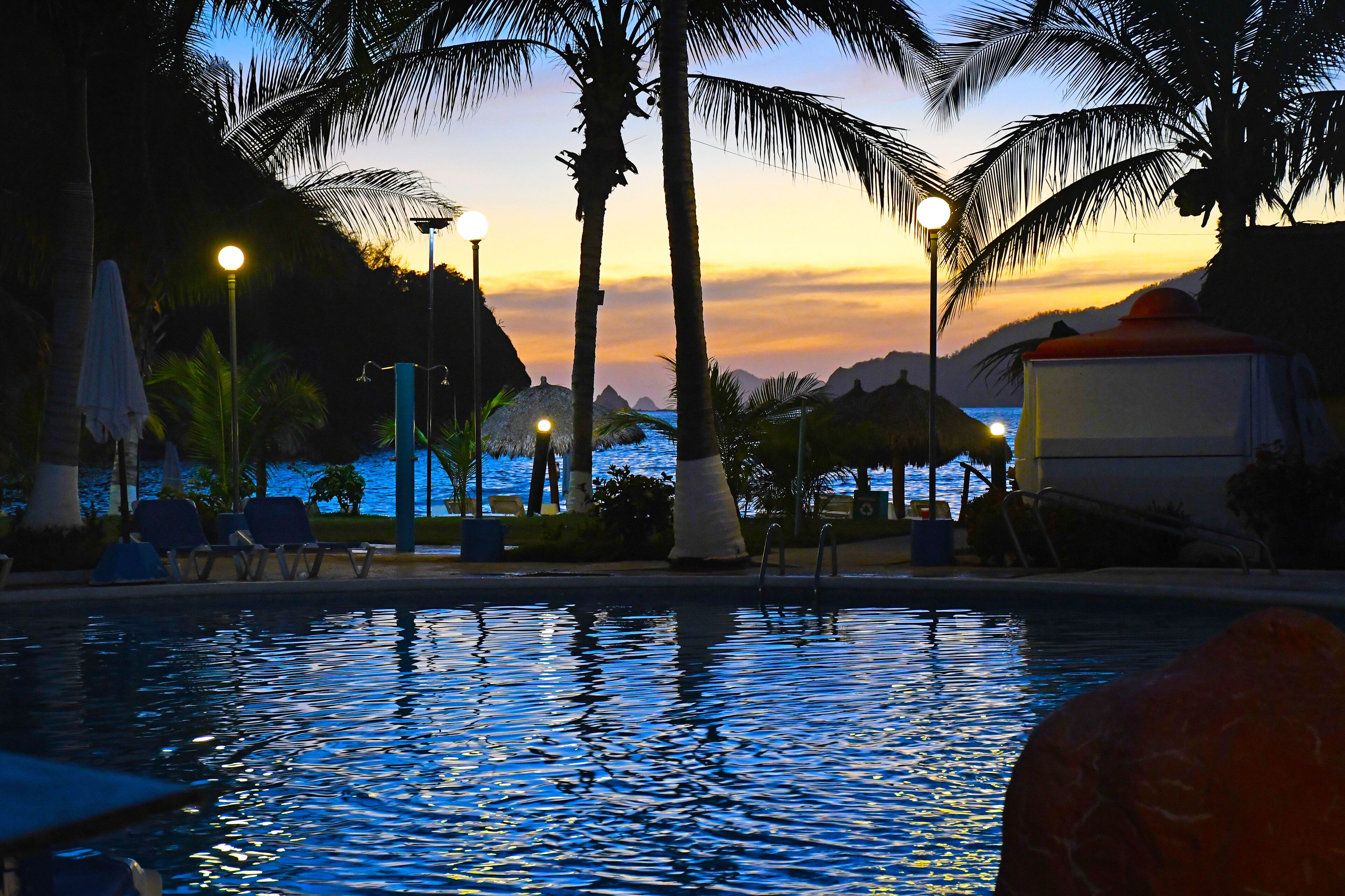 A pool area with lounge chairs and umbrellas, a view of the ocean, and palm trees.