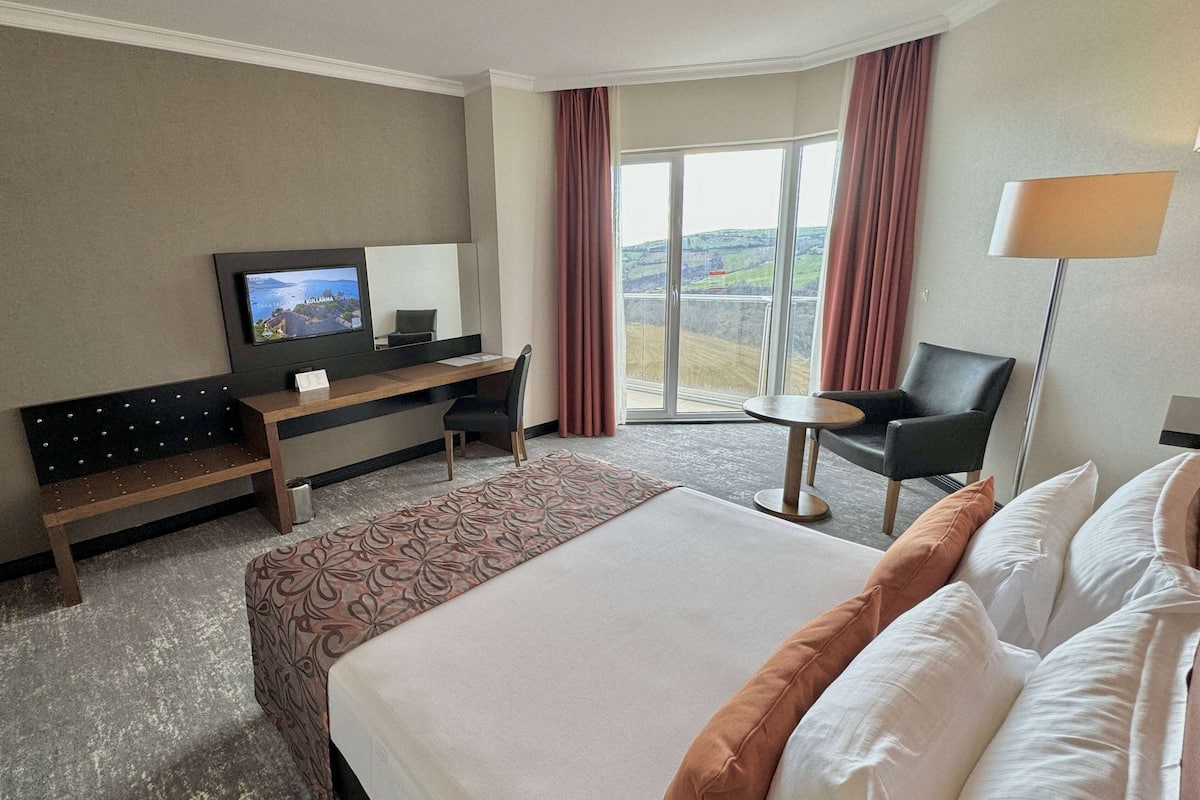 A hotel room with a bed, a desk with a TV, a chair, and a view of the outdoors.