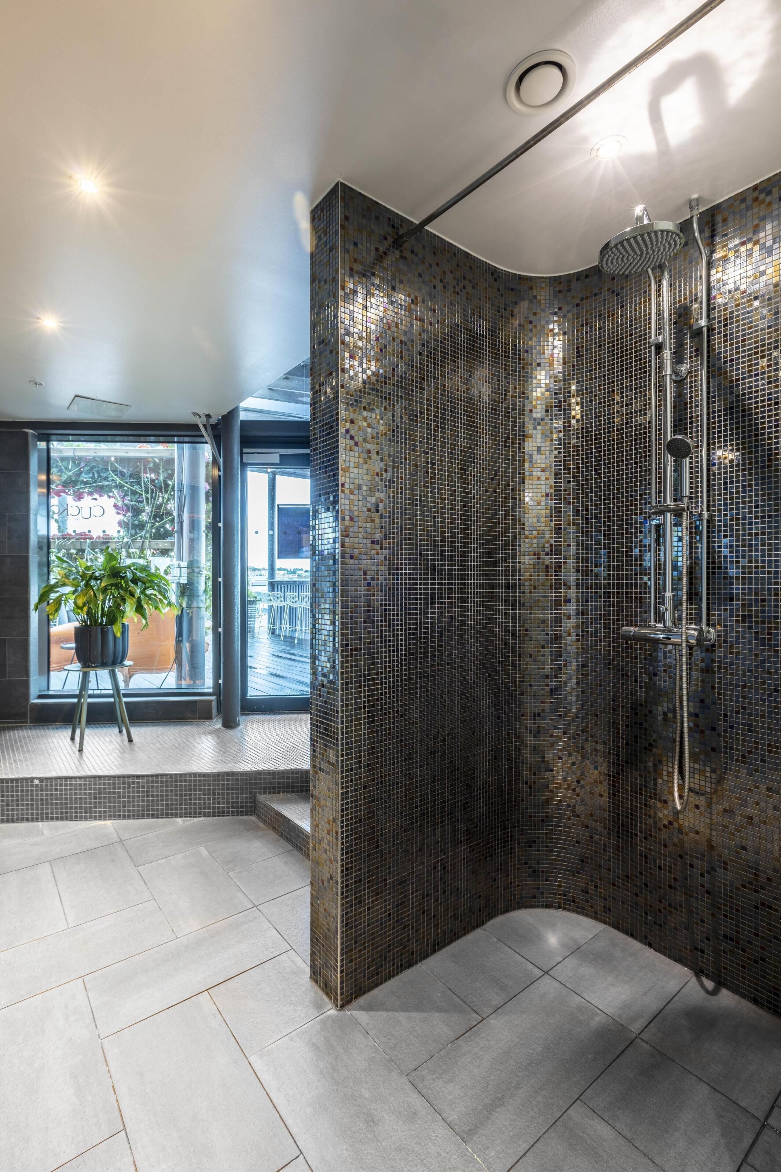 A modern bathroom with a glass shower enclosure, a potted plant, and a view of the outdoors.