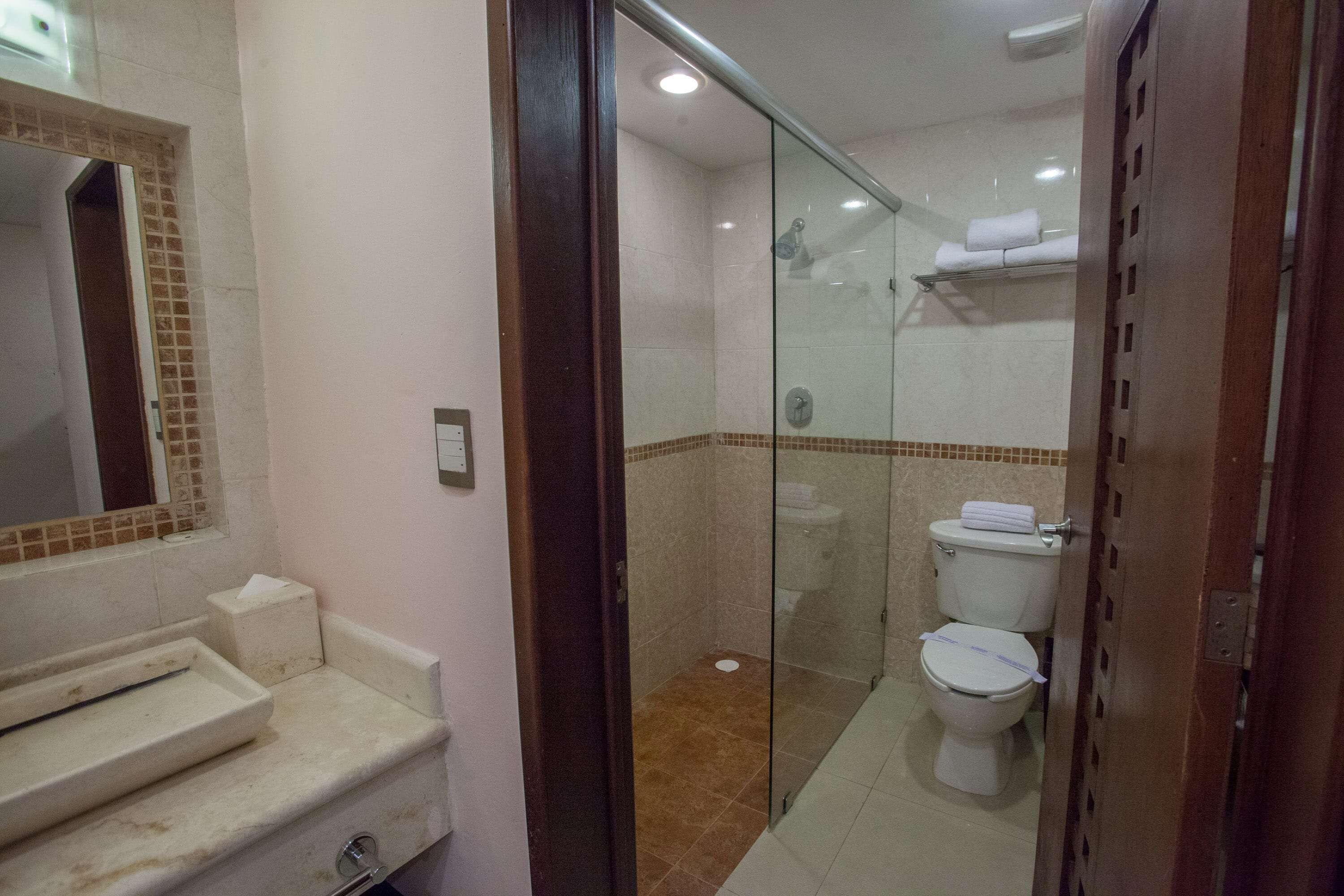A bathroom with a glass-enclosed shower, a toilet, and a sink with a mirror above it.