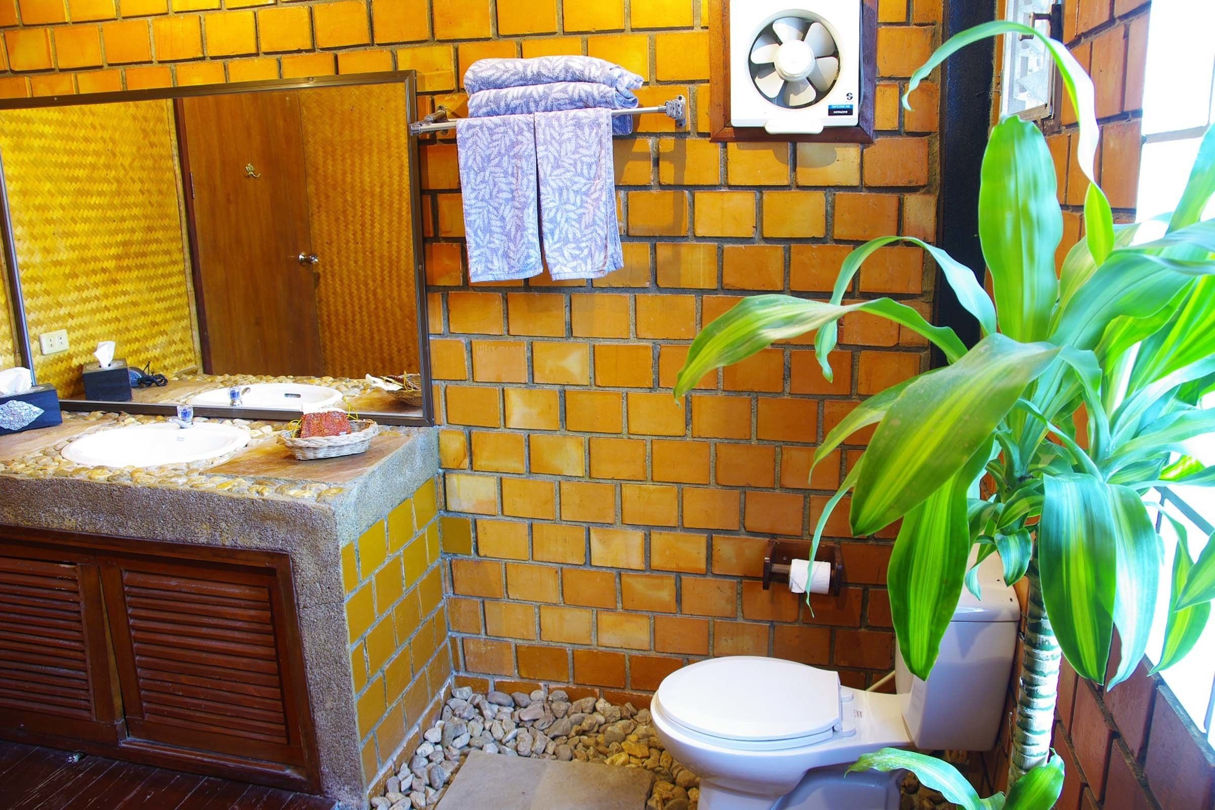 A bathroom with a tiled wall, a sink with a stone countertop, a toilet, and a potted plant.