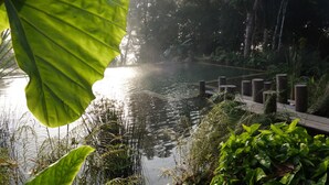 A serene water body with a wooden bridge, surrounded by lush greenery and trees. - Zen Namkhan Boutique Resort (Luang Prabang)
