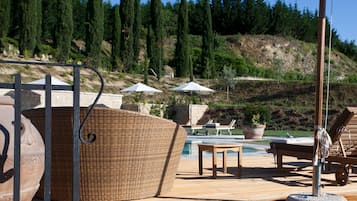 Outdoor pool, open 8:00 AM to 8:00 PM, pool umbrellas