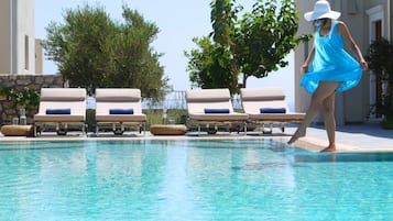 Outdoor pool, pool umbrellas, pool loungers