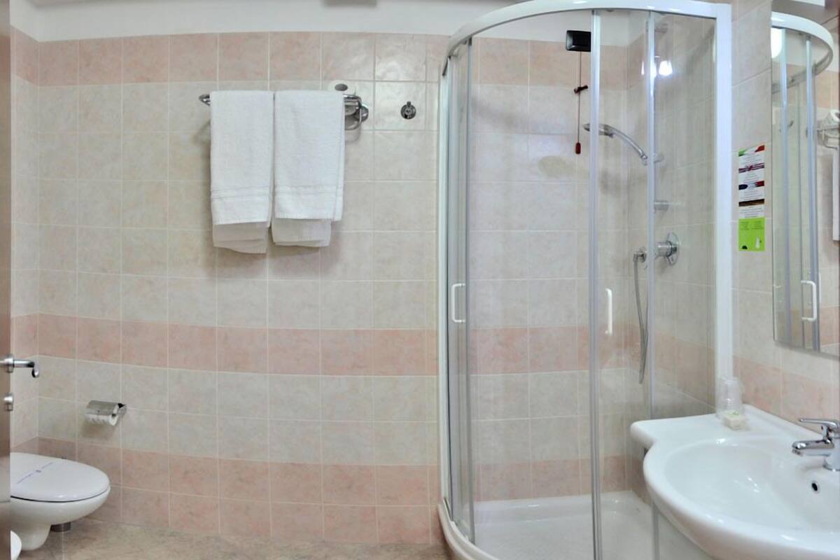 A bathroom with a glass-enclosed shower, a toilet, and a sink.