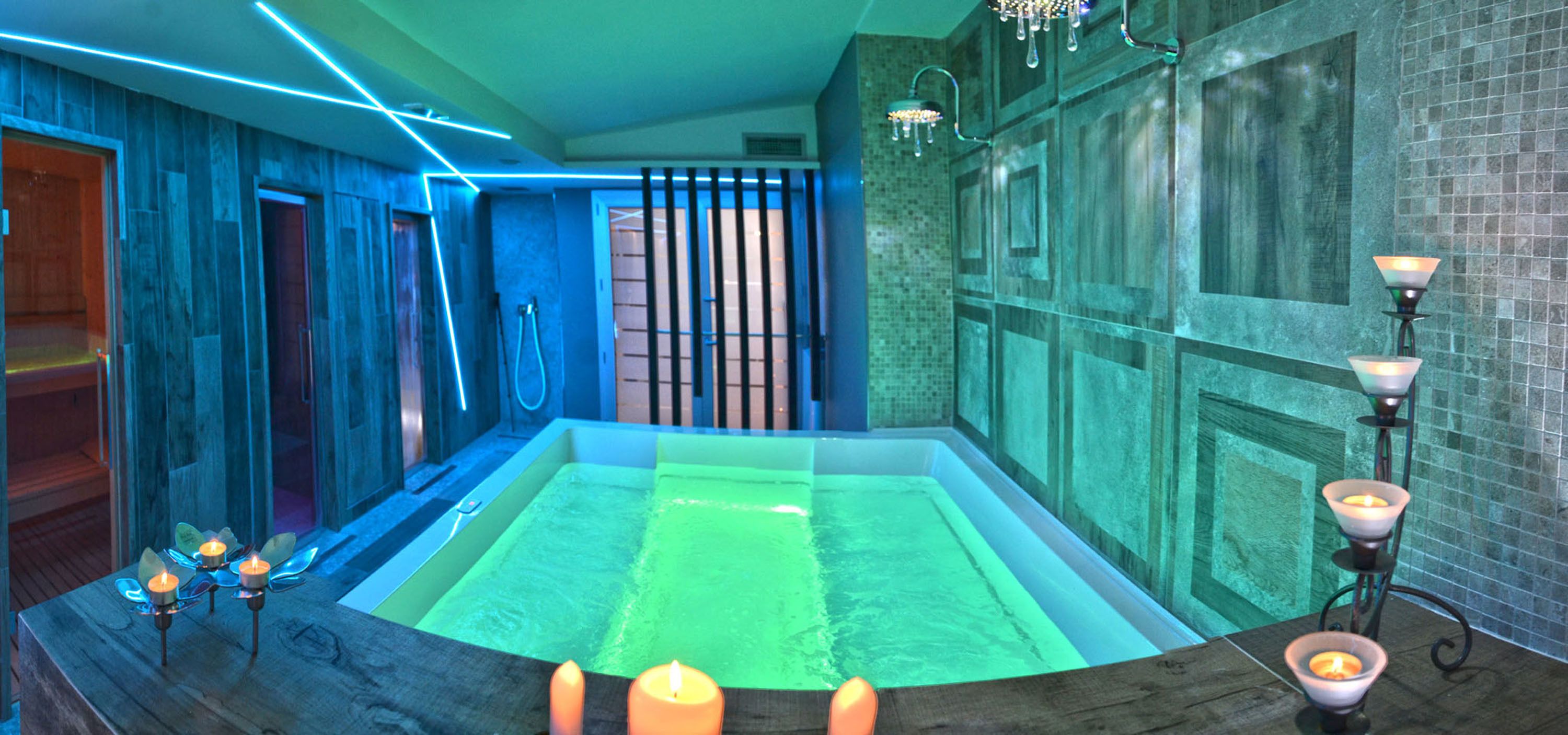 Um spa moderno com uma banheira grande, detalhes em madeira e iluminação suave.