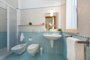 Shower, free toiletries, bidet, towels