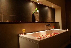 Un baño moderno con bañera, un espejo grande y un florero con una planta.