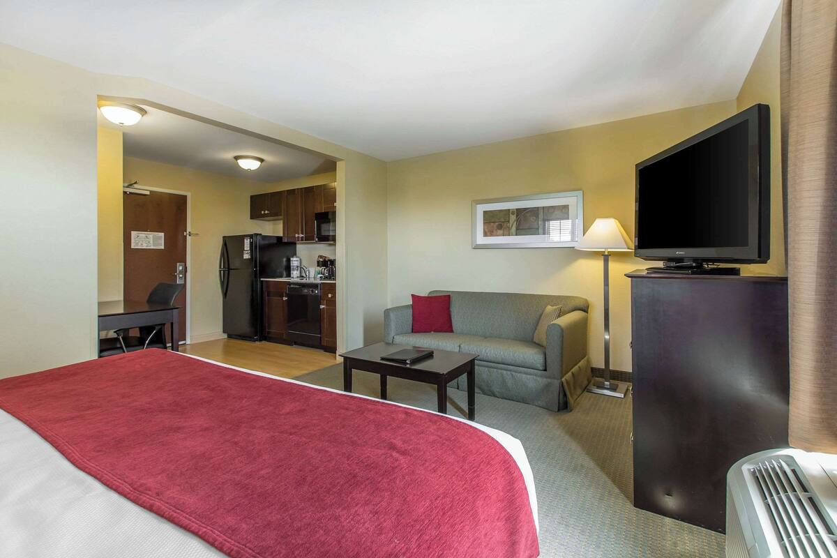 A hotel room with a bed, a sofa, a television, a desk, and a kitchenette.