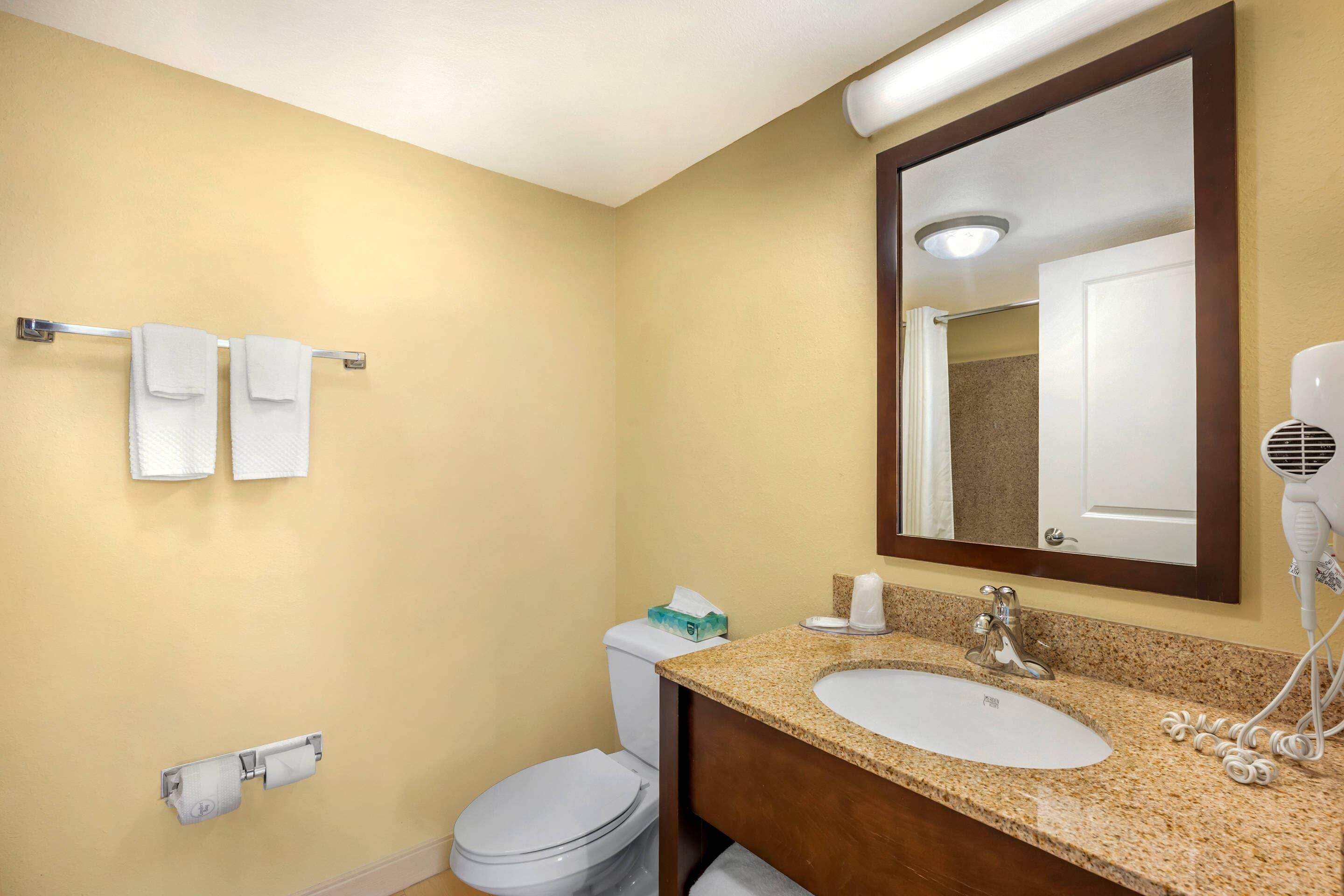 Ein Badezimmer mit Toilette, Waschbecken, Handtuchhalter und einem Fön.