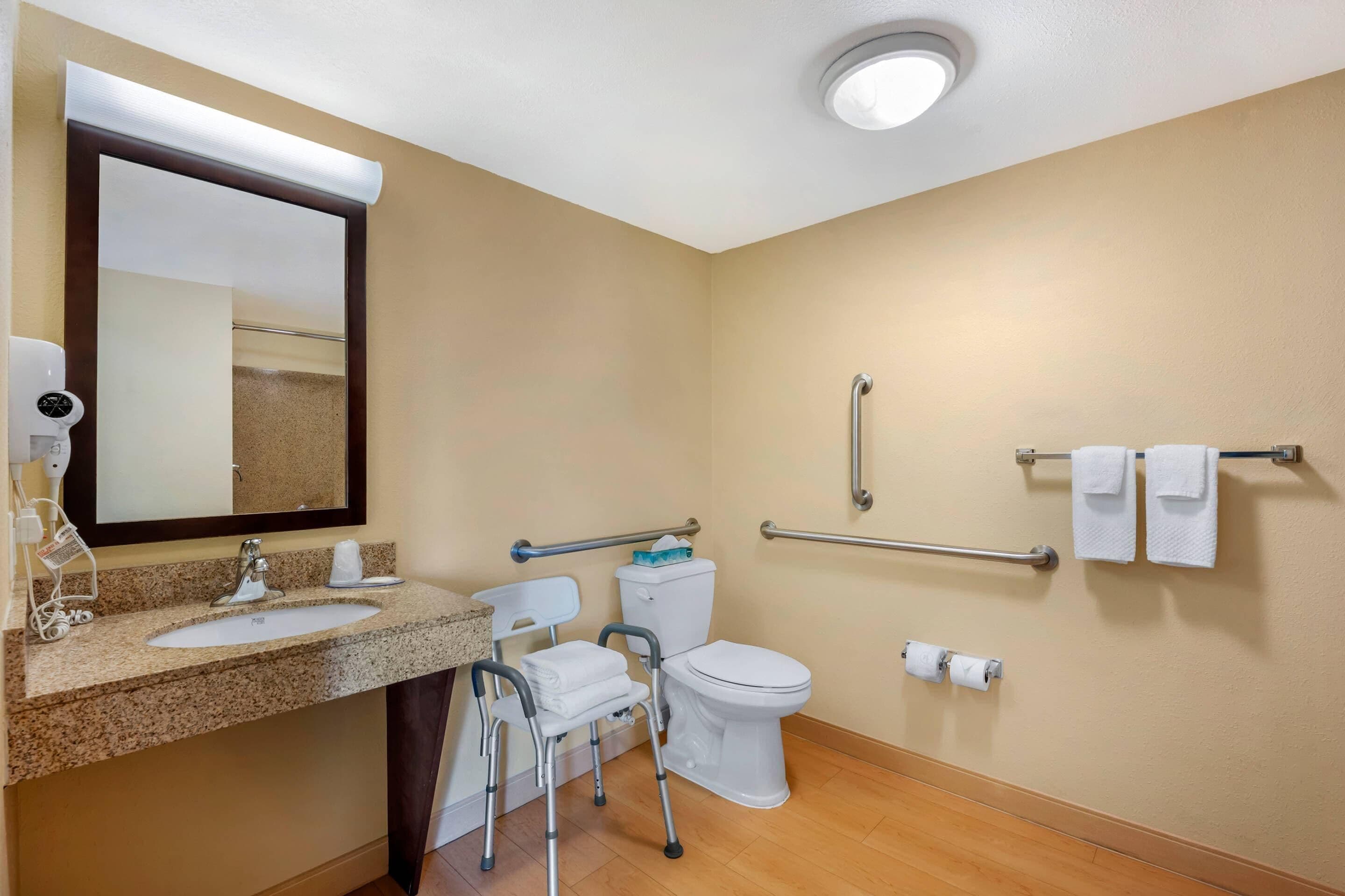 Ein Badezimmer mit Waschbecken, Spiegel, Toilette und Handläufen.