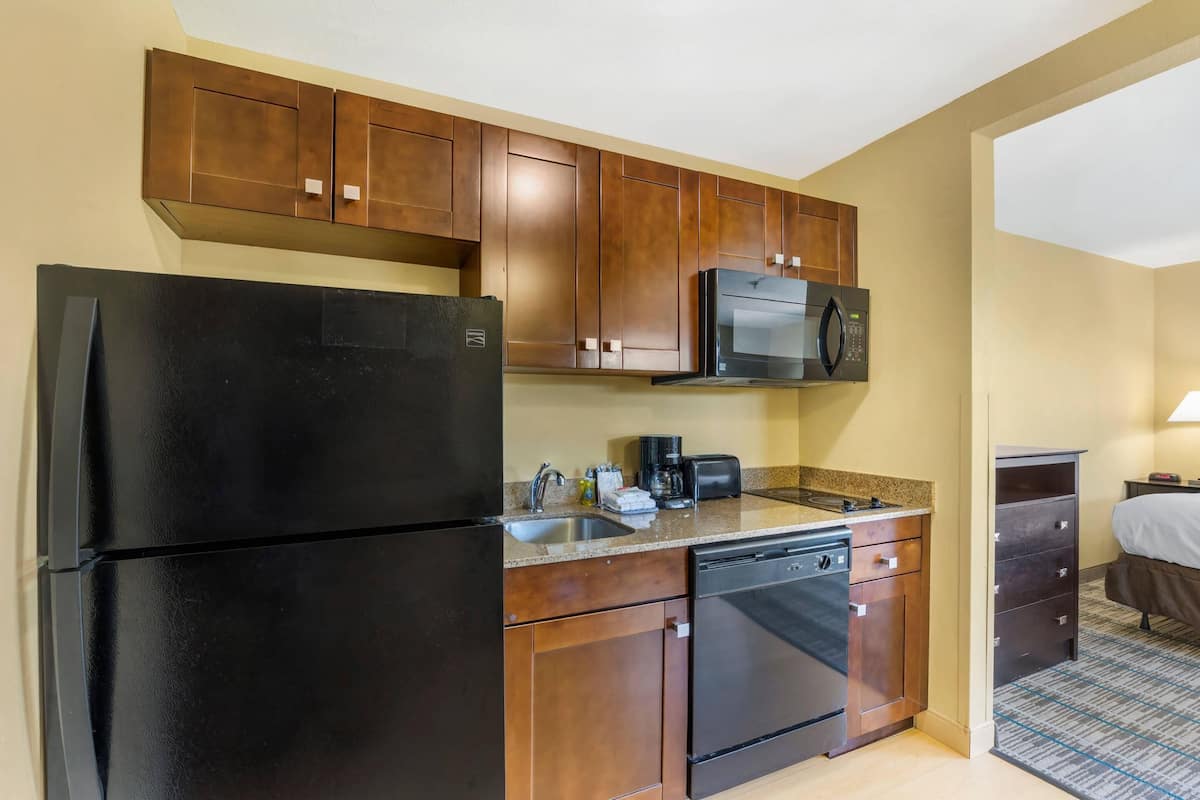 A compact kitchen with a refrigerator, microwave, coffee maker, and dishwasher.