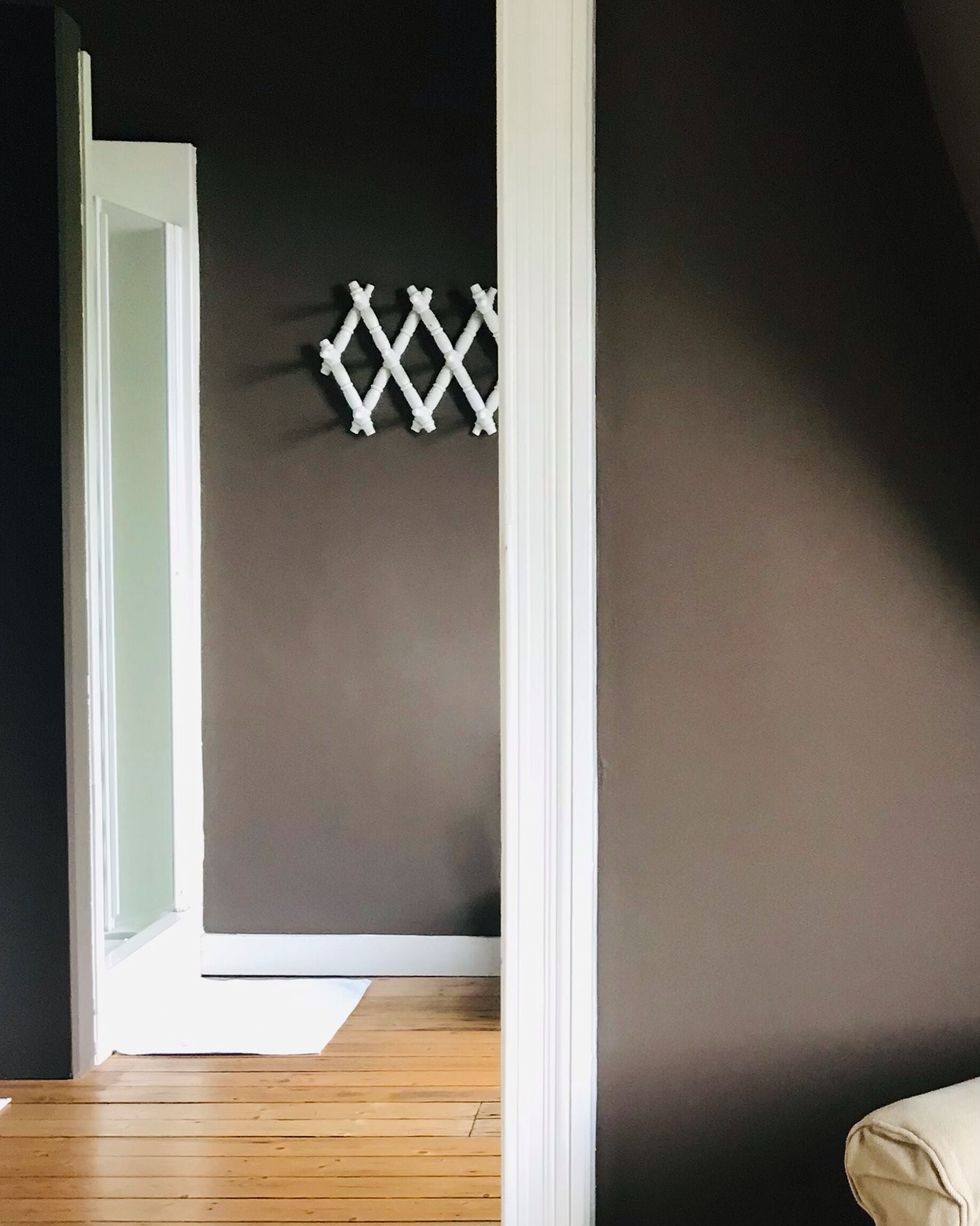 A room with a dark wall, a white door, and a wooden floor.