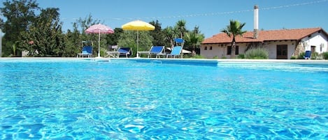 Piscine extérieure, parasols de plage, chaises longues