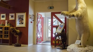 A room with a polar bear statue, a monkey statue, and framed pictures on the wall. - Tysfjord Turistsenter (Hamaroy)