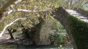 A stone bridge with a natural arch over a clear water body, surrounded by trees and greenery. - Taxiarches Hotel (Zagori)