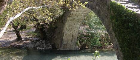 A stone bridge with a natural arch over a clear water body, surrounded by trees and greenery.