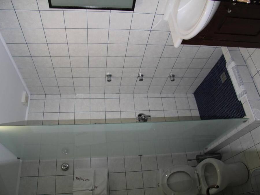 A bathroom with a glass shower enclosure, a toilet, and a bidet.
