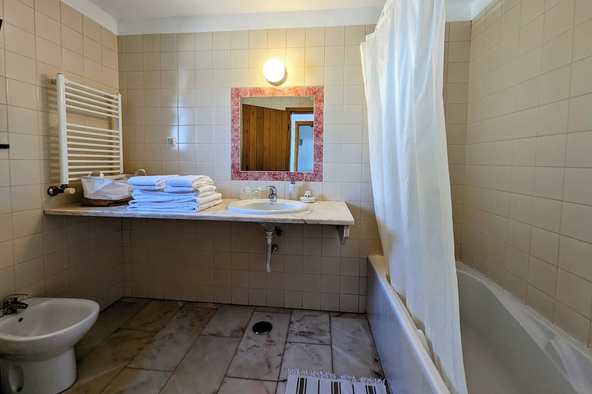 Bathtub, towels, toilet paper