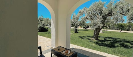 A covered outdoor seating area with a table and chairs, overlooking a well-maintained lawn and trees.
