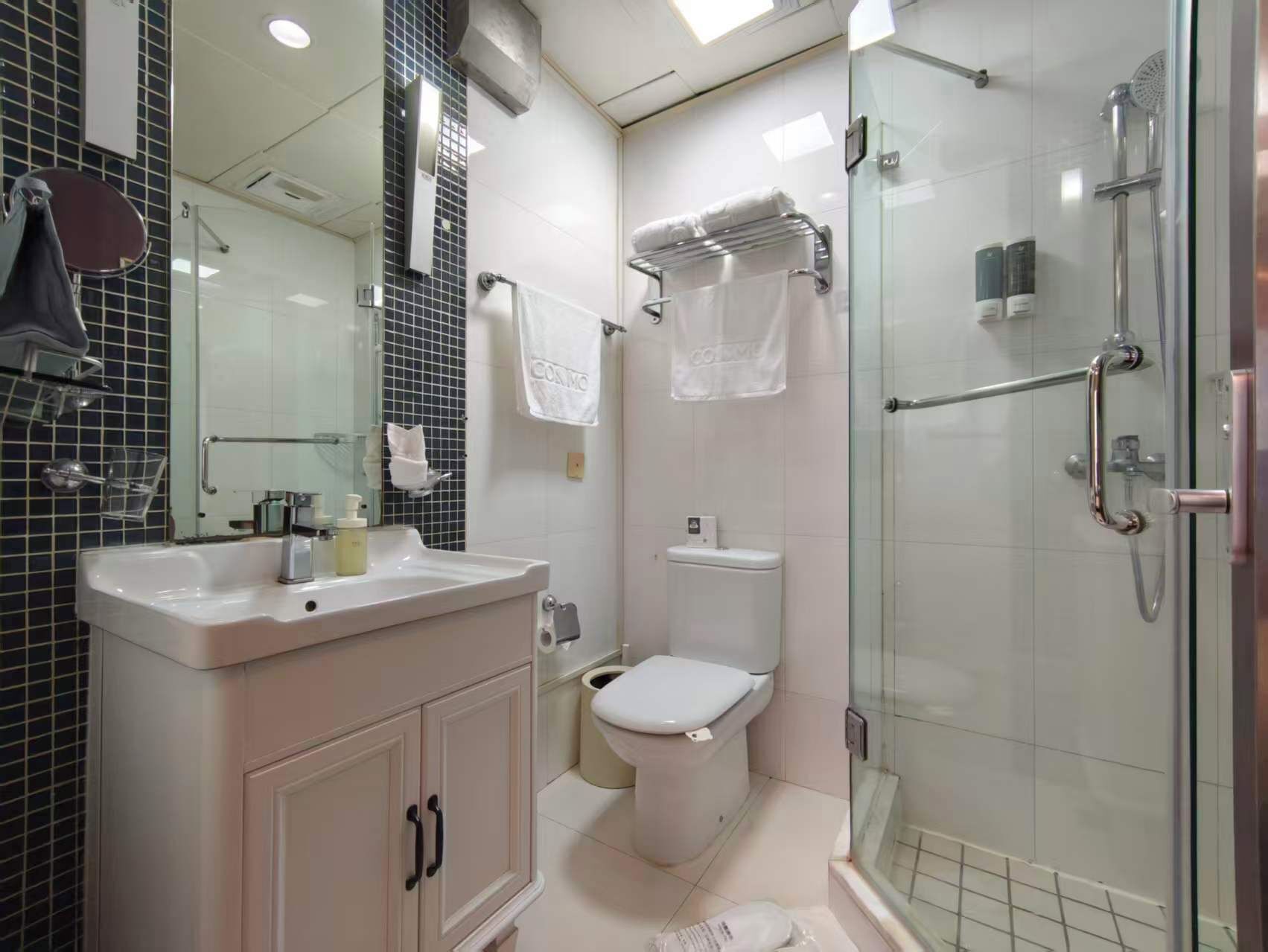 A modern bathroom with a glass-enclosed shower, a white sink with a mirror, and a toilet.