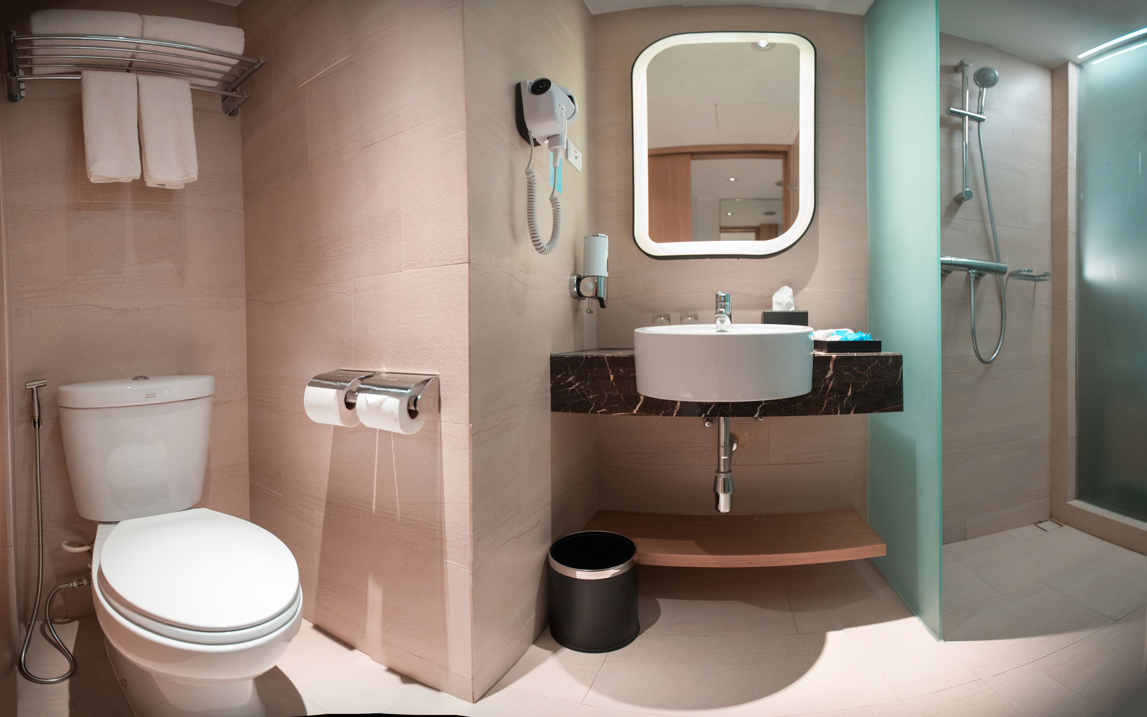 shower, rainfall showerhead, free toiletries, hair dryer