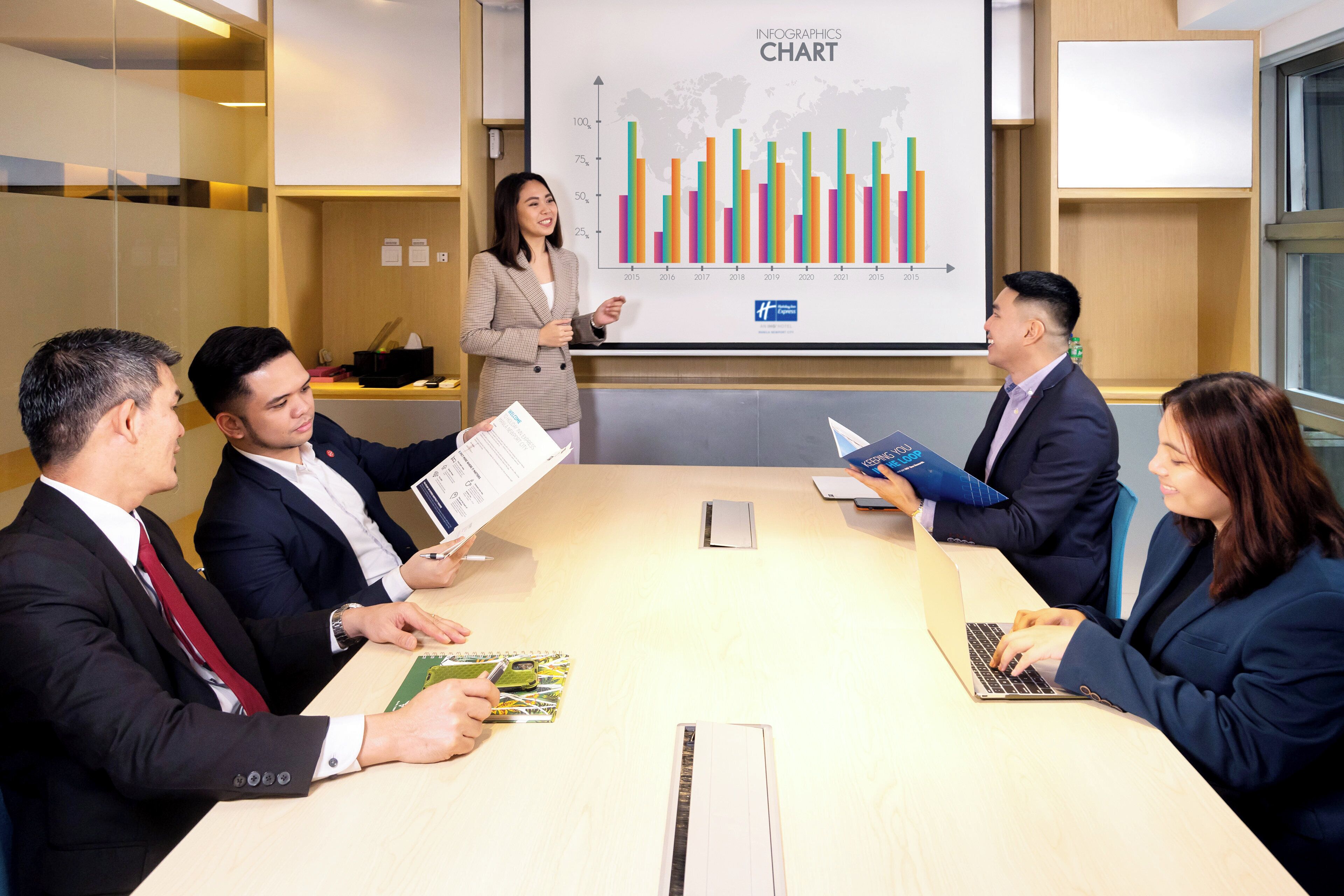 A business meeting in a modern conference room with a presentation screen displaying a bar chart.