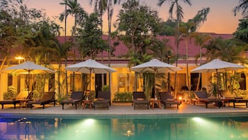 Indoor pool, seasonal outdoor pool, pool umbrellas