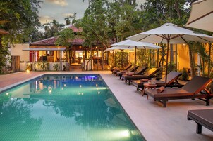 Indoor pool, seasonal outdoor pool, pool umbrellas