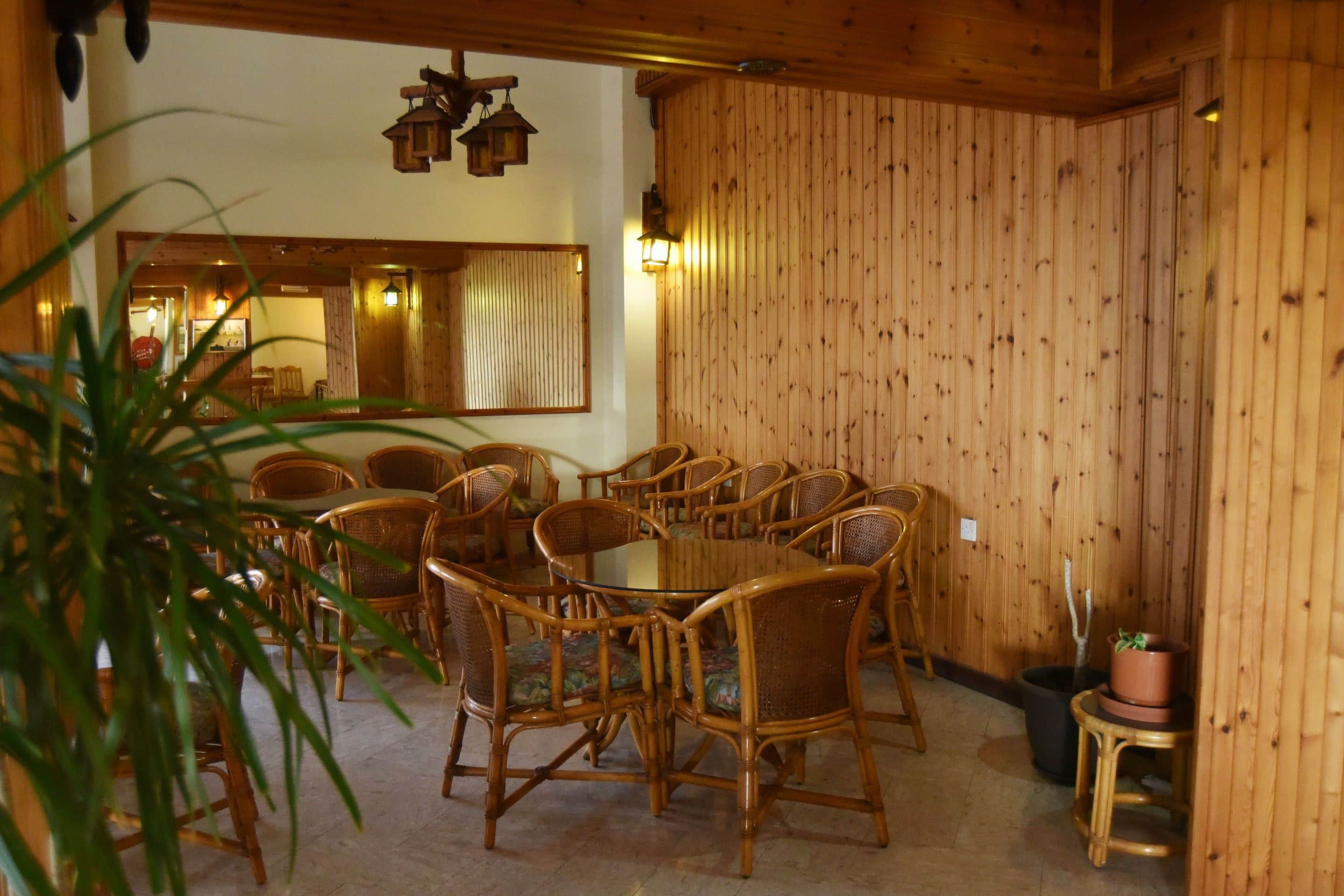 Un coin repas avec une table et des chaises en bois, une plante en pot et un miroir au mur.