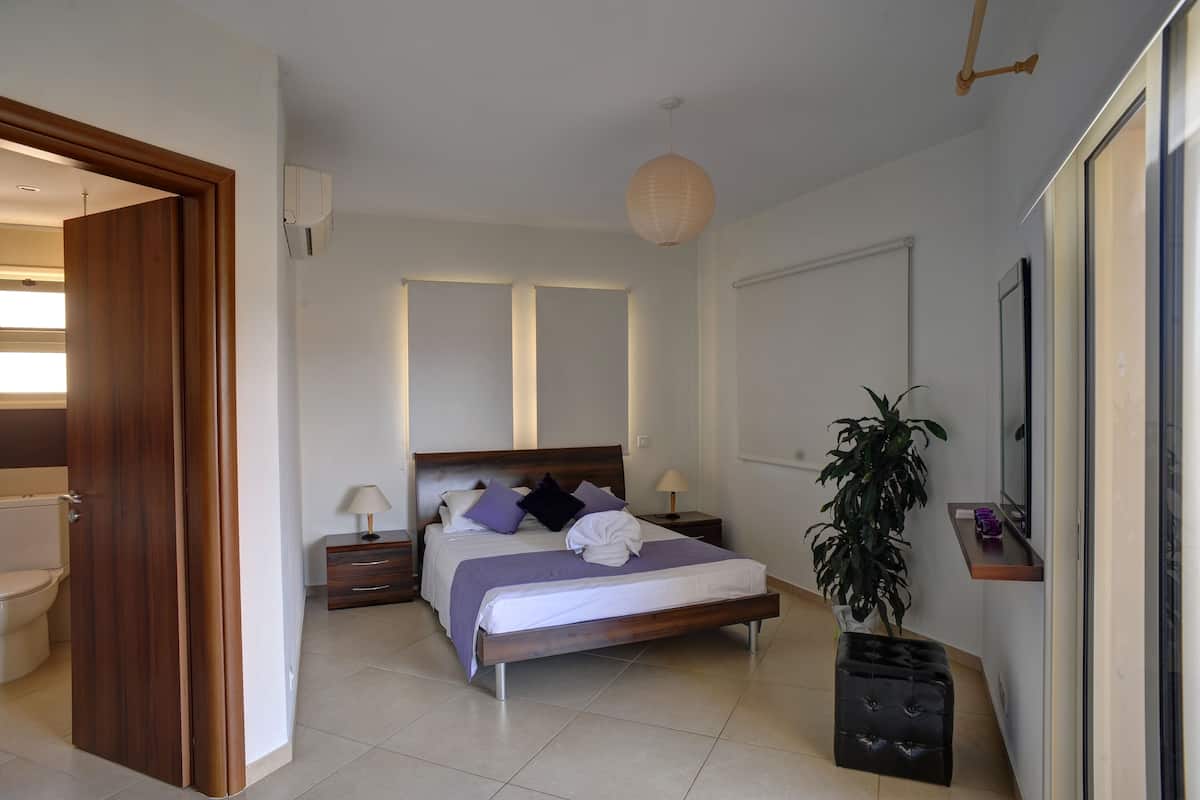 A bedroom with a wooden bed, bedside tables, a potted plant, and a large mirror.
