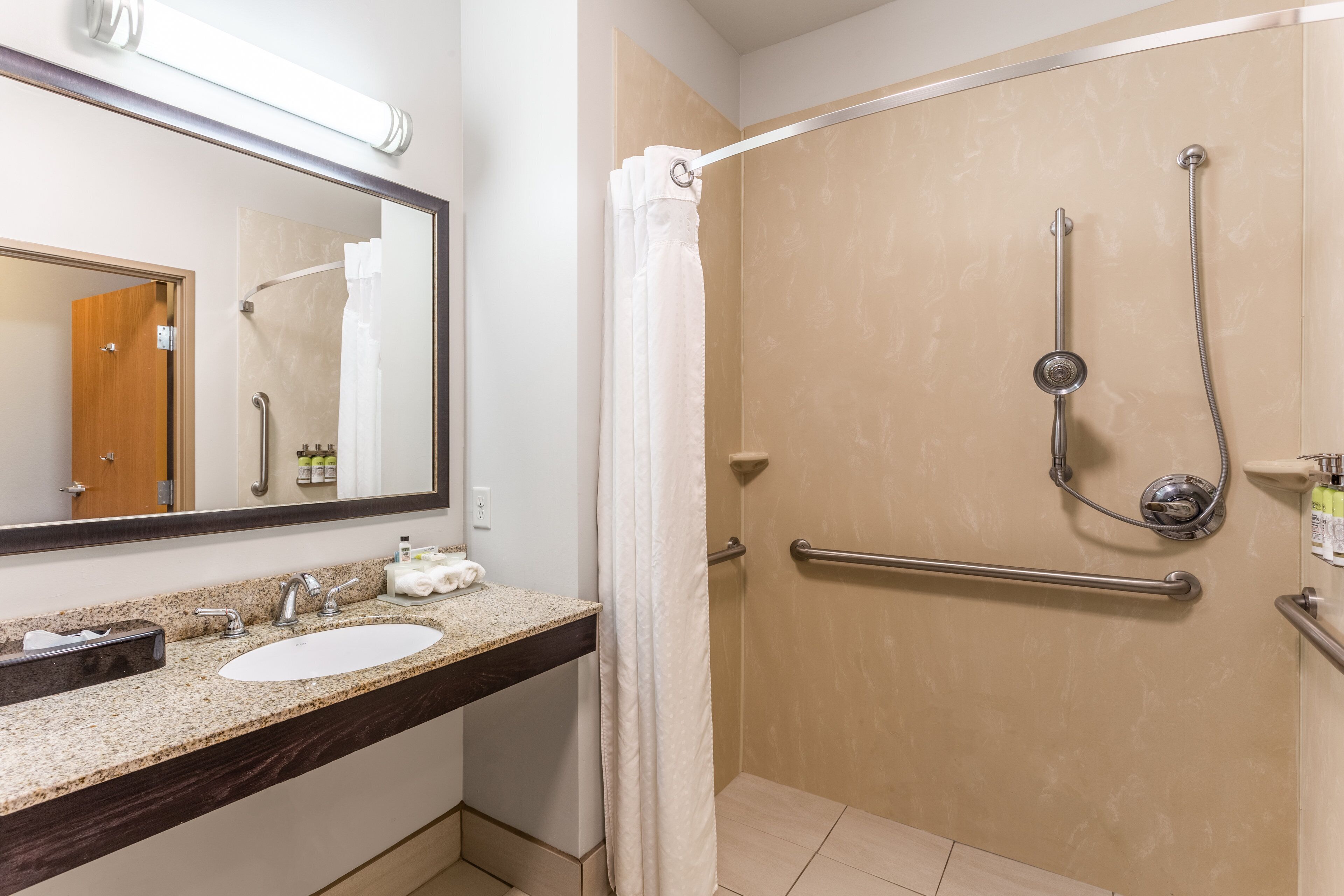 room, 2 queen beds, accessible (comms accessible. roll-in shower) | bathroom | hair dryer