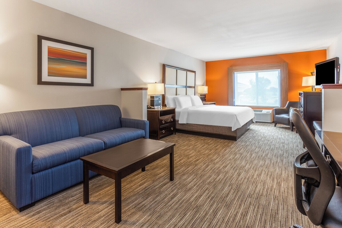 A hotel room with a bed, a sofa, a desk, and a TV.
