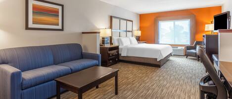 A hotel room with a bed, a sofa, a desk, and a TV.