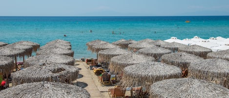 Beach nearby, sun loungers, beach umbrellas, beach bar