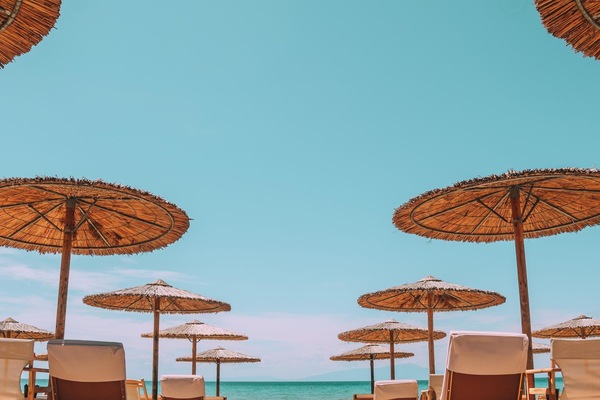On the beach, sun loungers, beach umbrellas, beach bar