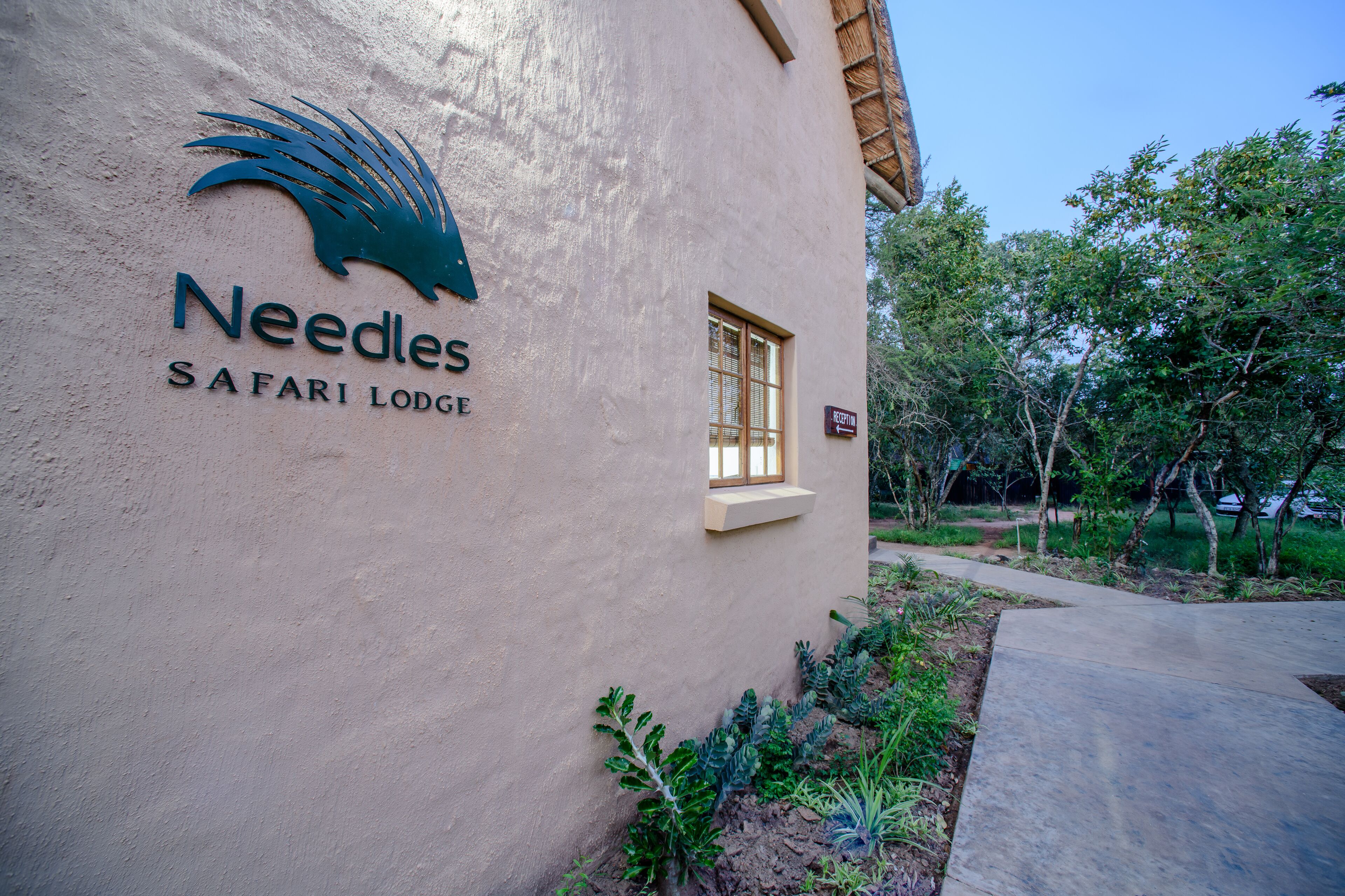 Un bâtiment sur lequel on peut lire l’inscription « Needles Safari Lodge » et qui possède une fenêtre avec des stores.