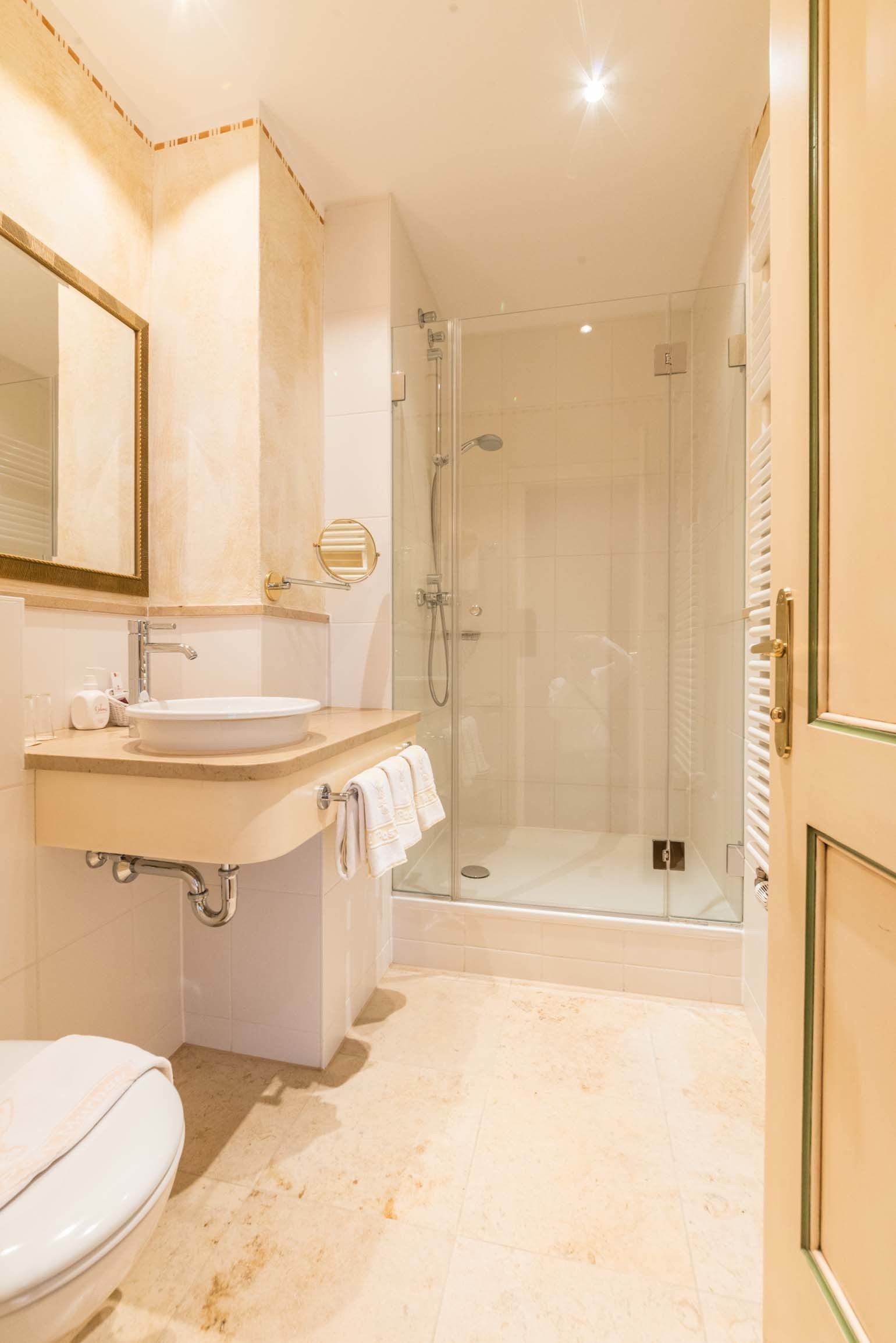 shower, free toiletries, hair dryer, towels