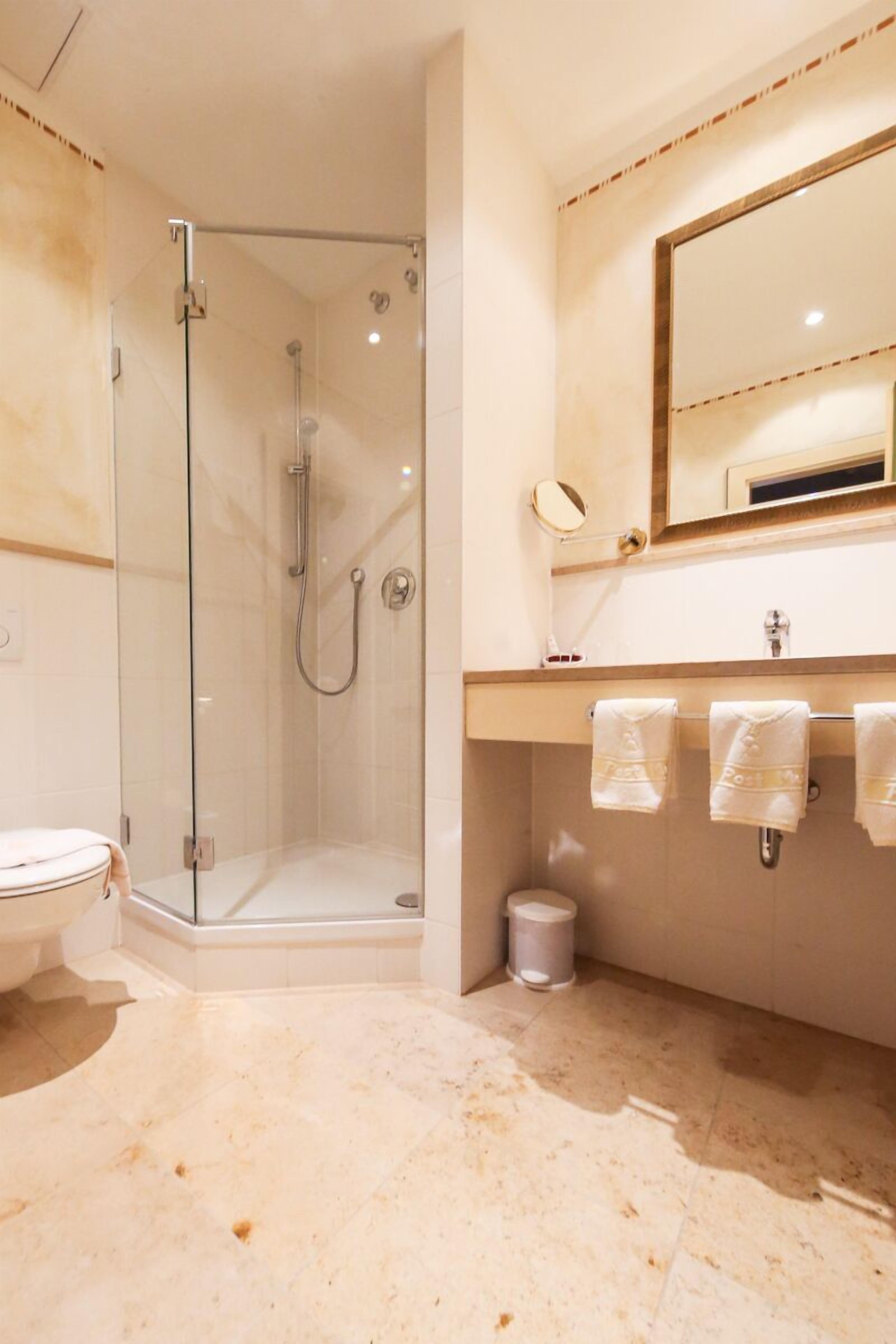 shower, free toiletries, hair dryer, towels