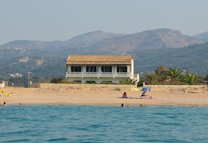 On the beach, sun-loungers, beach umbrellas