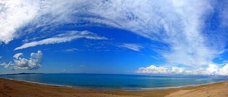 On the beach, sun-loungers, beach umbrellas